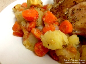 Carrots and potatoes baked in chicken drippings