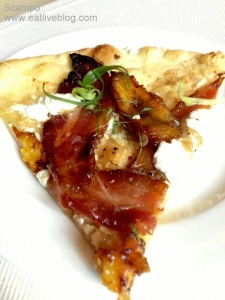 bacon, plaintain and whipped riccota pizza from Scampo Boston